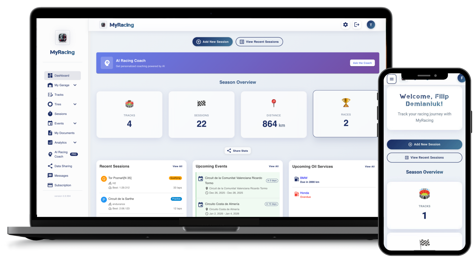 MyRacing App on iPhone and MacBook