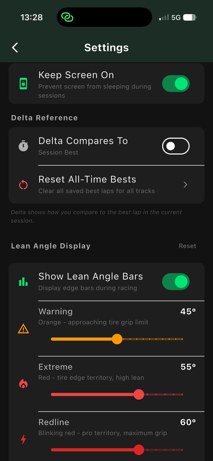 Pulse — settings: delta reference and lean-angle bars