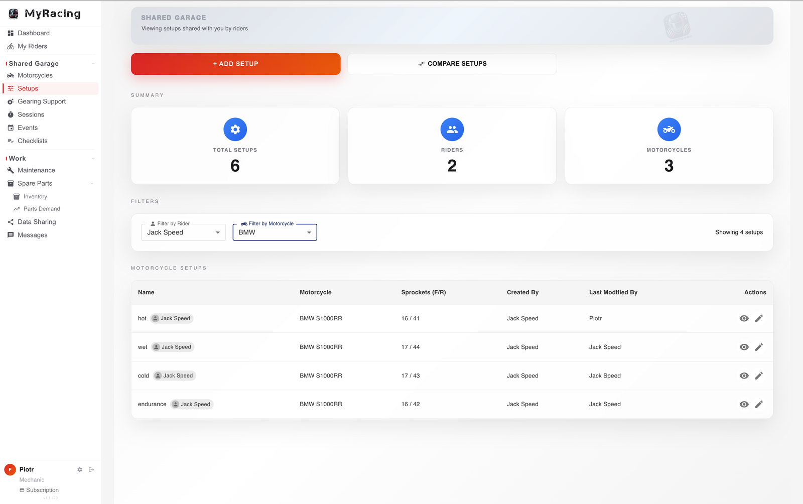 MyRacing Mechanic Plan — free workspace for motorcycle mechanics with rider data, setups and spare parts management